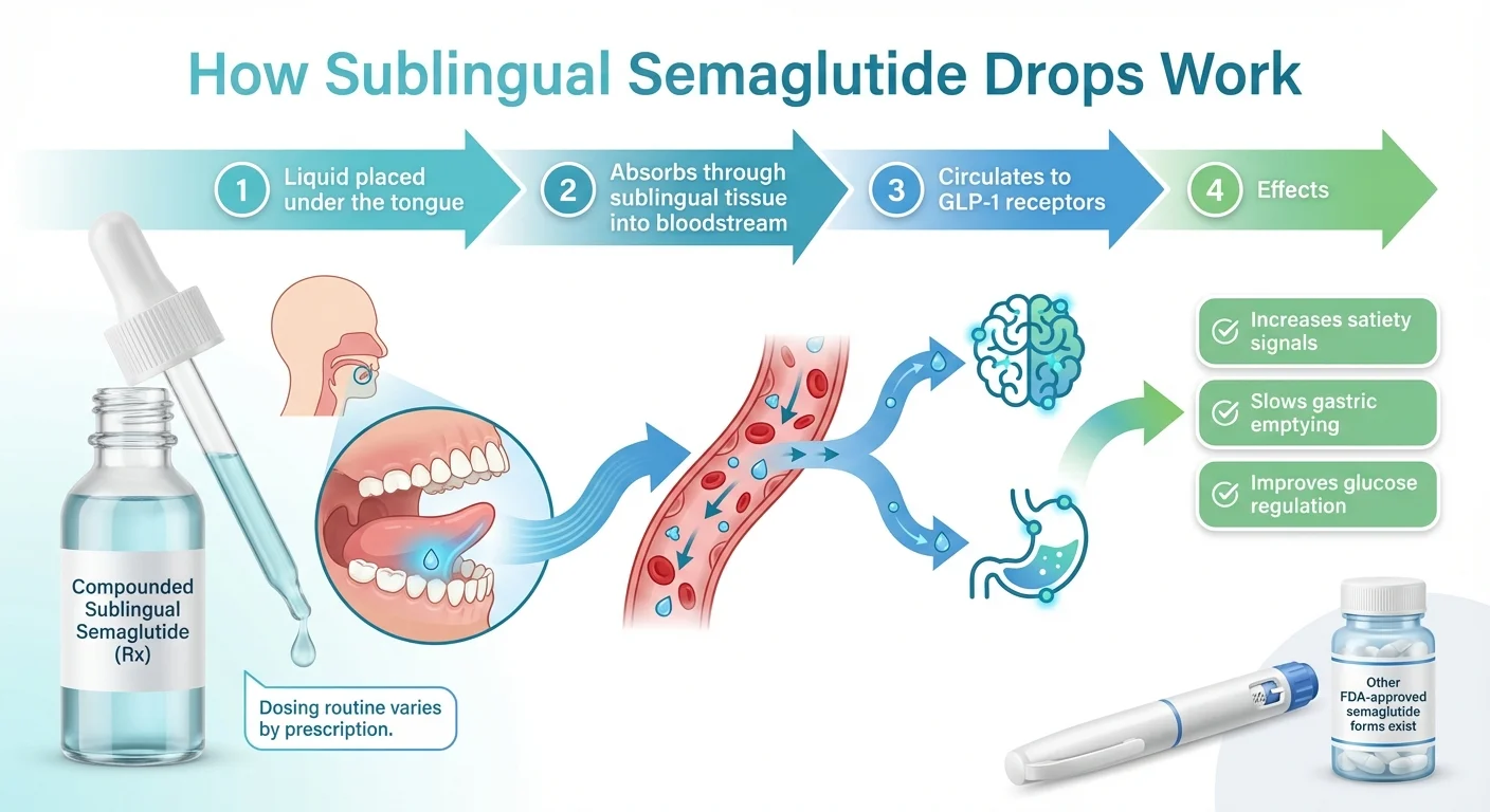 How sublingual semaglutide drops work: placed under tongue, absorbed through tissue into bloodstream, circulates to GLP-1 receptors