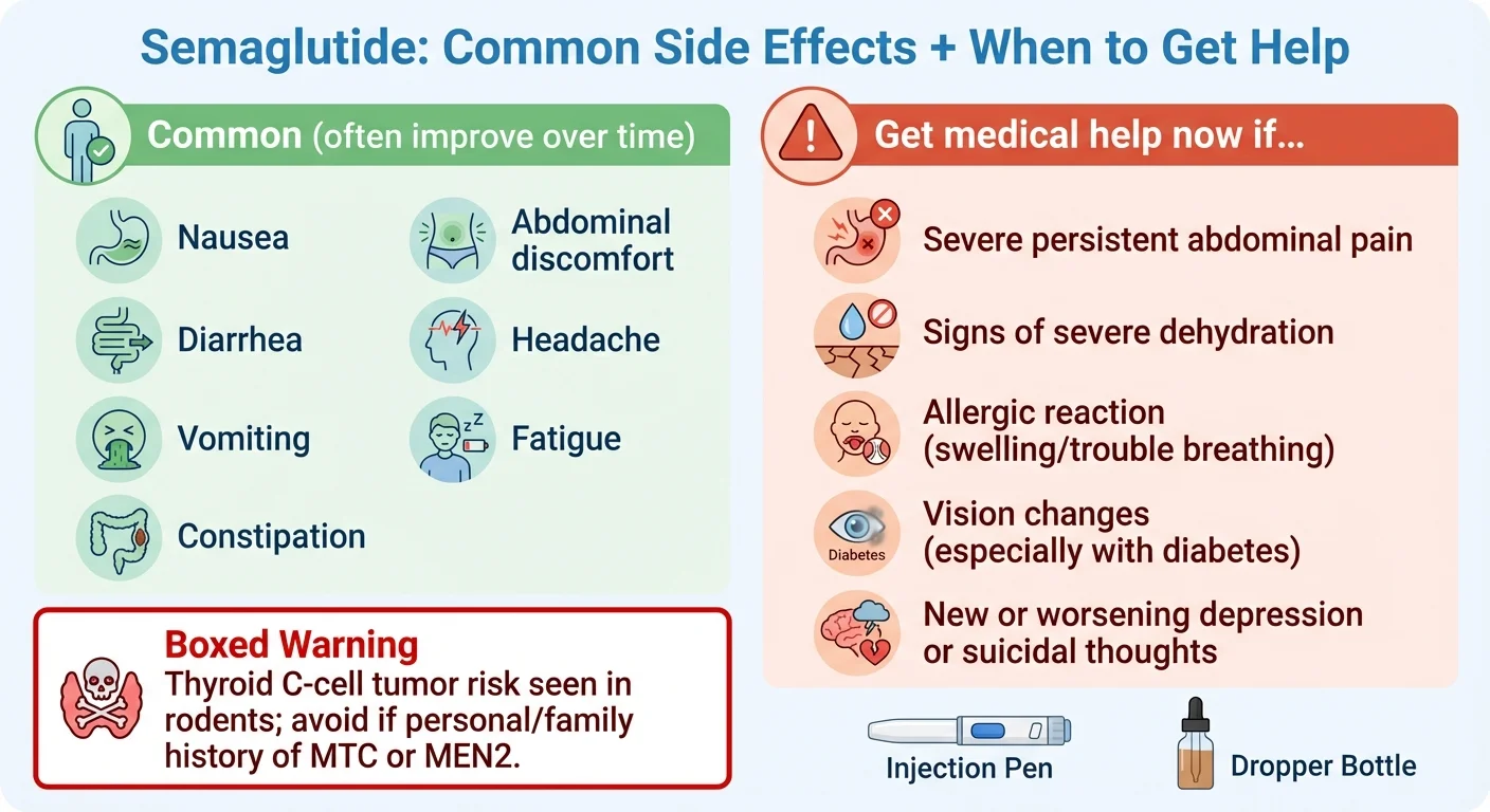 Semaglutide common side effects and key safety warnings including boxed warning for thyroid C-cell tumors
