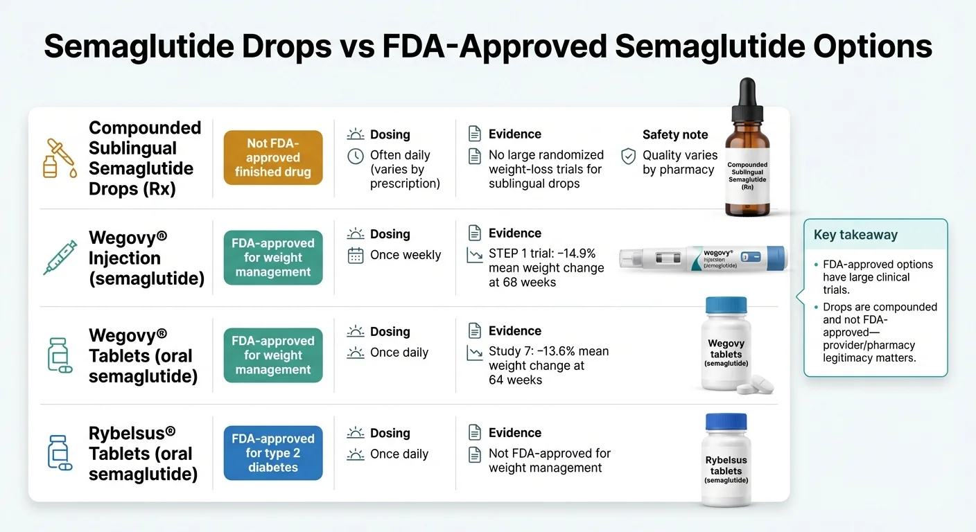 Comparison of semaglutide drops, injections, and tablets showing different delivery methods