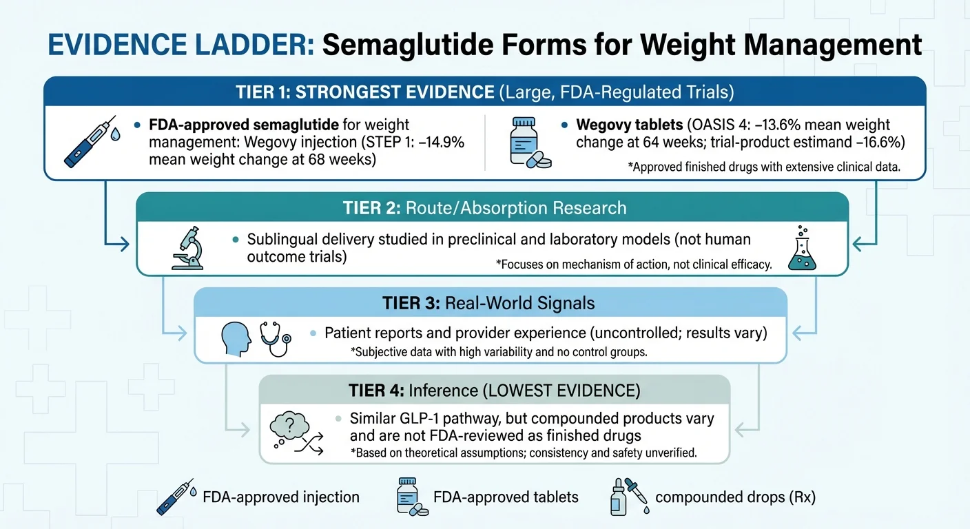 Semaglutide evidence ladder showing tiers of clinical evidence from RCTs to expert reasoning