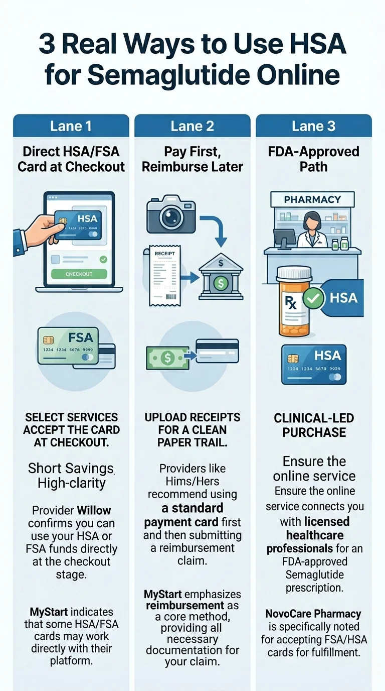 3 Real Ways to Use HSA for Semaglutide Online. Lane 1: Direct HSA/FSA Card at Checkout — select services accept the card at checkout, short savings and high clarity. Provider Willow confirms you can use your HSA or FSA funds directly at the checkout stage. MyStart indicates some HSA/FSA cards may work directly. Lane 2: Pay First, Reimburse Later — upload receipts for a clean paper trail. Providers like Hims/Hers recommend using a standard payment card first and then submitting a reimbursement claim. MyStart emphasizes reimbursement as a core method, providing all necessary documentation for your claim. Lane 3: FDA-Approved Path — clinical-led purchase. Ensure the online service connects you with licensed healthcare professionals for an FDA-approved semaglutide prescription. NovoCare Pharmacy is specifically noted for accepting FSA/HSA cards for fulfillment.