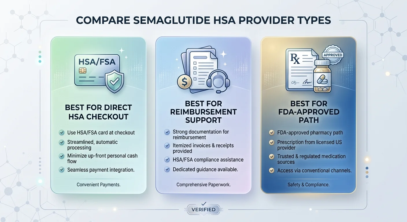 Compare Semaglutide HSA Provider Types. Best for Direct HSA Checkout: use HSA/FSA card at checkout, streamlined automatic processing, minimize up-front personal cash flow, seamless payment integration — convenient payments. Best for Reimbursement Support: strong documentation for reimbursement, itemized invoices and receipts provided, HSA/FSA compliance assistance, dedicated guidance available — comprehensive paperwork. Best for FDA-Approved Path: FDA-approved pharmacy path, prescription from licensed US provider, trusted and regulated medication sources, access via conventional channels — safety and compliance. All verified.