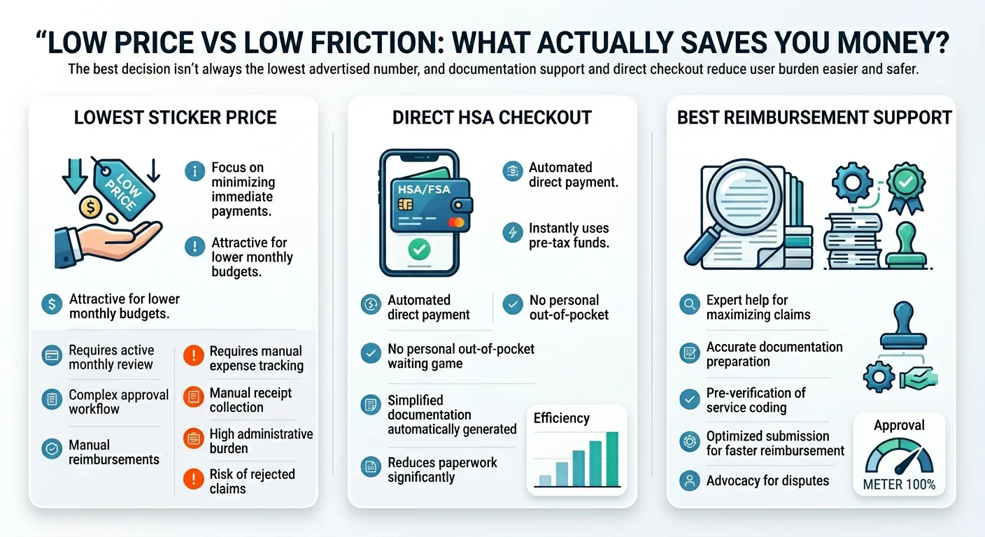 Low Price vs Low Friction: What Actually Saves You Money? The best decision is not always the lowest advertised number. Lowest Sticker Price focuses on minimizing immediate payments, requires active monthly review, manual expense tracking, complex approval workflow, manual reimbursements, high administrative burden, and risk of rejected claims. Direct HSA Checkout features automated direct payment, instantly uses pre-tax funds, no personal out-of-pocket waiting game, simplified documentation automatically generated, reduces paperwork significantly, and high efficiency. Best Reimbursement Support offers expert help for maximizing claims, accurate documentation preparation, pre-verification of service coding, optimized submission for faster reimbursement, and advocacy for disputes achieving 100% approval meter.