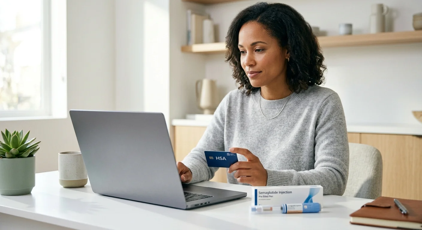 Woman using her HSA card at a laptop with a semaglutide injection pen on the desk — comparing GLP-1 and semaglutide telehealth providers that accept HSA and FSA funds at checkout or for reimbursement.