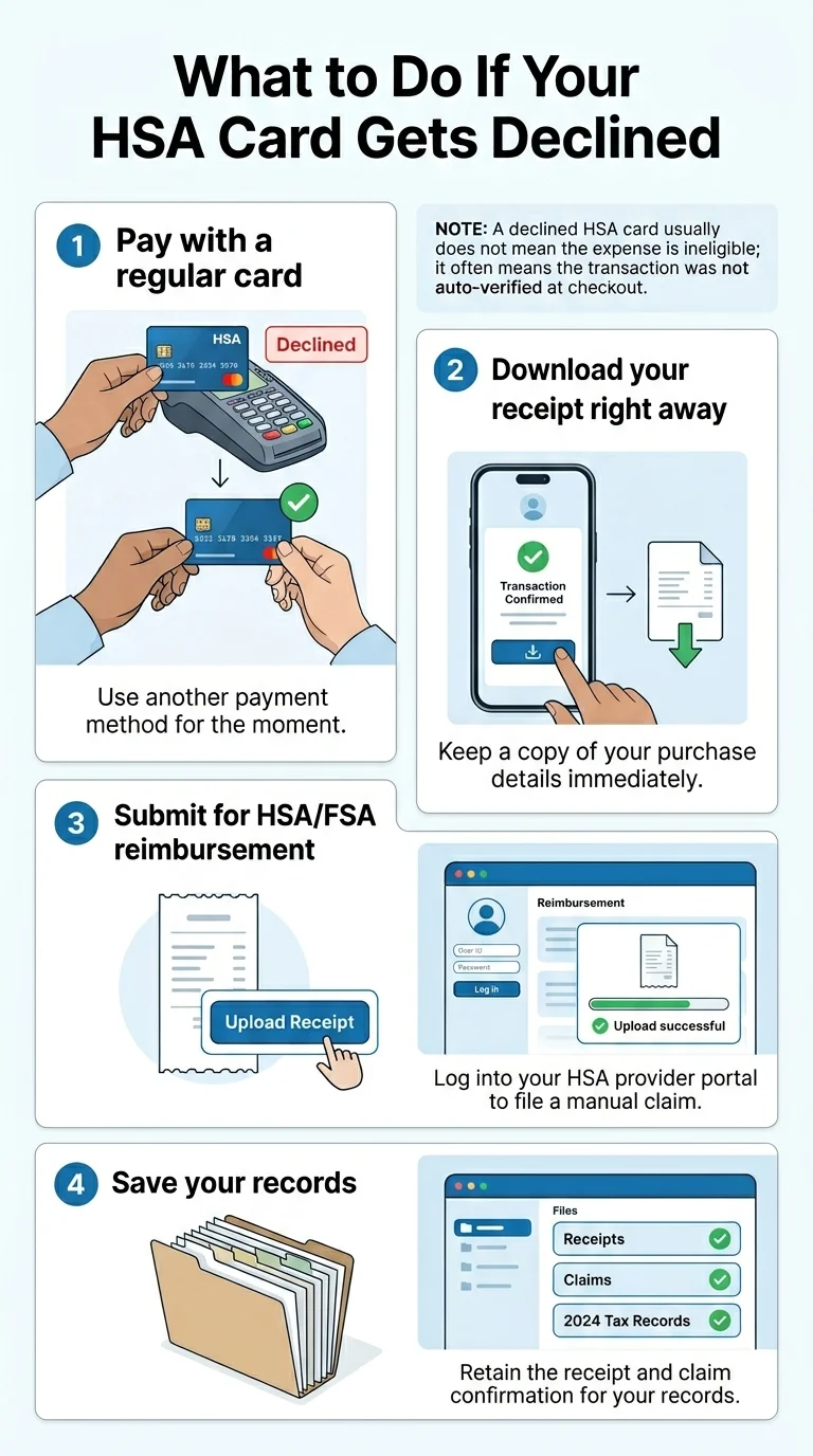 What to Do If Your HSA Card Gets Declined for semaglutide. Step 1: Pay with a regular card — use another payment method for the moment. Note: a declined HSA card usually does not mean the expense is ineligible; it often means the transaction was not auto-verified at checkout. Step 2: Download your receipt right away — keep a copy of your purchase details immediately after transaction is confirmed. Step 3: Submit for HSA/FSA reimbursement — log into your HSA provider portal to file a manual claim by uploading the receipt. Step 4: Save your records — retain the receipt and claim confirmation for your records including receipts, claims, and tax records.