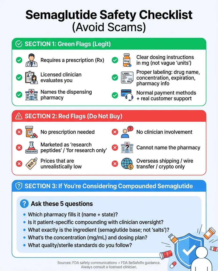 Safety checklist infographic for avoiding counterfeit semaglutide and vetting online pharmacies or telehealth providers when seeking Wegovy without insurance - showing green flags for legit providers and red flags to avoid