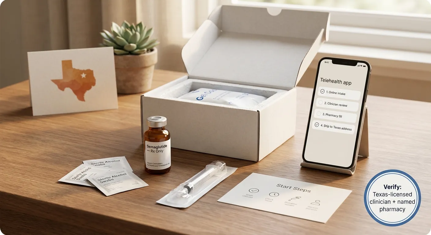 Semaglutide telehealth delivery to Texas - medication kit with vial, syringe, and phone app
