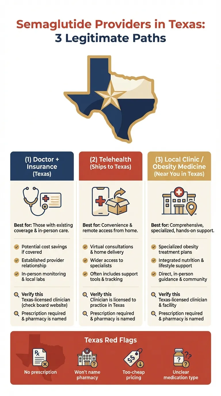 3 legitimate paths to get semaglutide in Texas: Doctor + Insurance, Telehealth, and Local Clinic