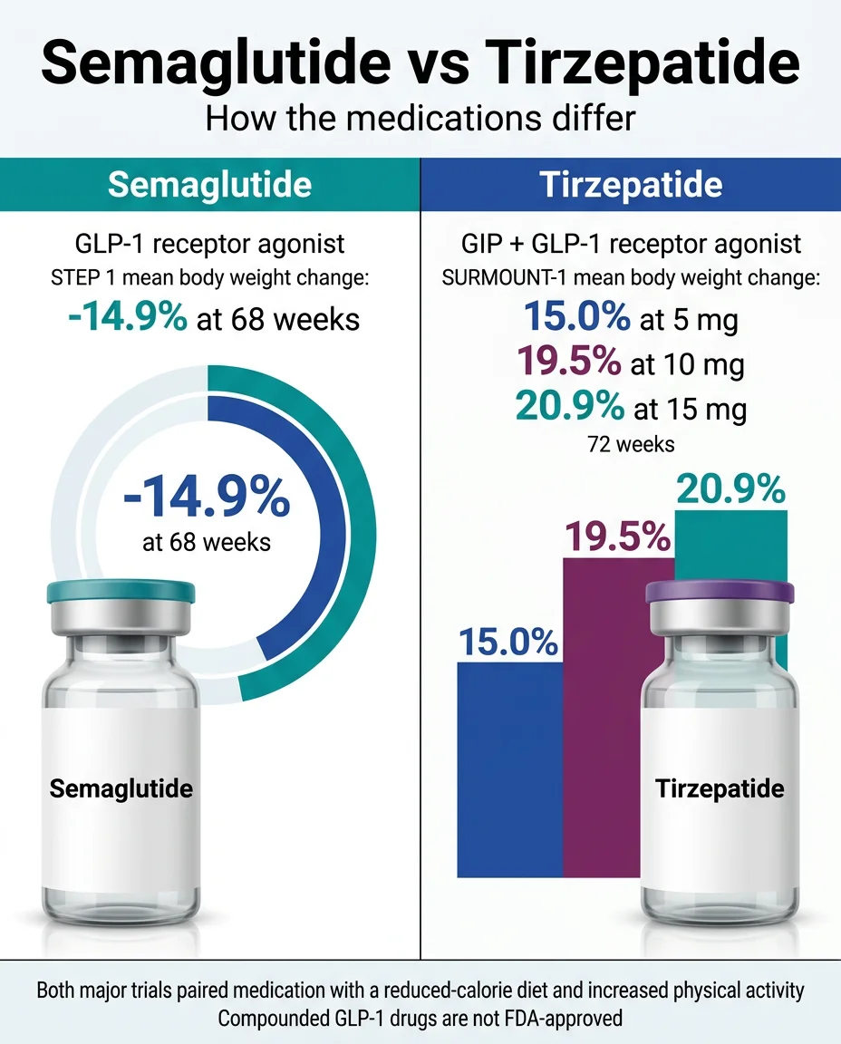 Semaglutide vs Tirzepatide: How the medications differ — Semaglutide is a GLP-1 receptor agonist, STEP 1 mean body weight change was -14.9% at 68 weeks. Tirzepatide is a GIP plus GLP-1 receptor agonist, SURMOUNT-1 mean body weight change was 15.0% at 5 mg, 19.5% at 10 mg, 20.9% at 15 mg at 72 weeks. Both major trials paired medication with a reduced-calorie diet and increased physical activity. Compounded GLP-1 drugs are not FDA-approved.