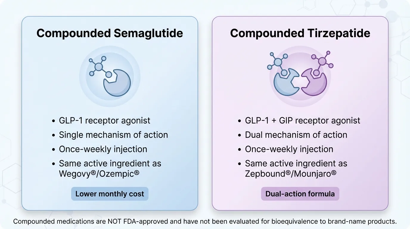 Semaglutide vs Tirzepatide comparison: GLP-1 receptor agonist vs dual GIP and GLP-1 mechanism for weight loss