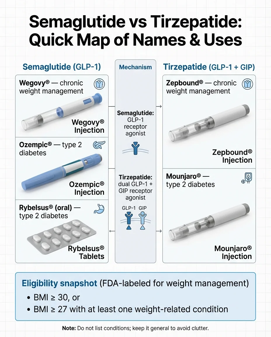 Semaglutide vs tirzepatide quick reference map showing brand names, mechanisms, and uses for GLP-1 medications