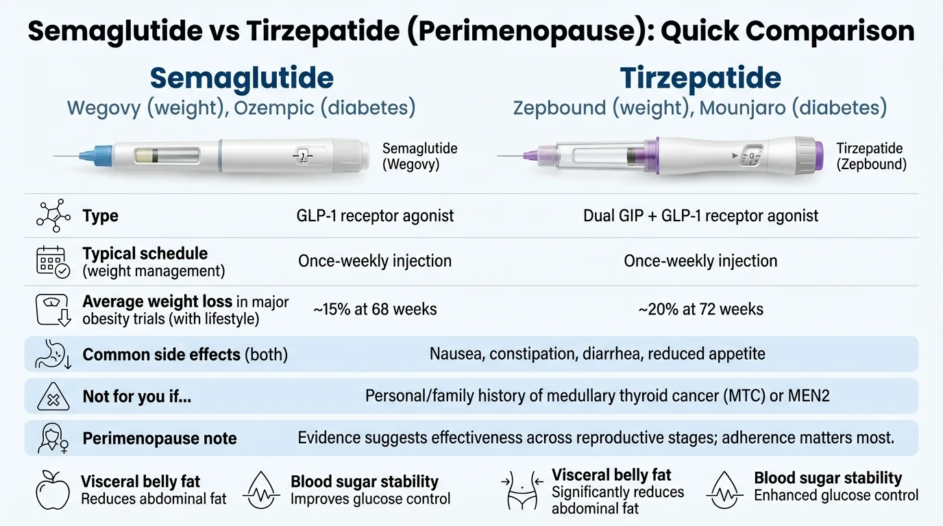 Semaglutide vs tirzepatide for perimenopause: quick comparison chart showing type, dosing schedule, average weight loss, common side effects, contraindications, and perimenopause-specific notes
