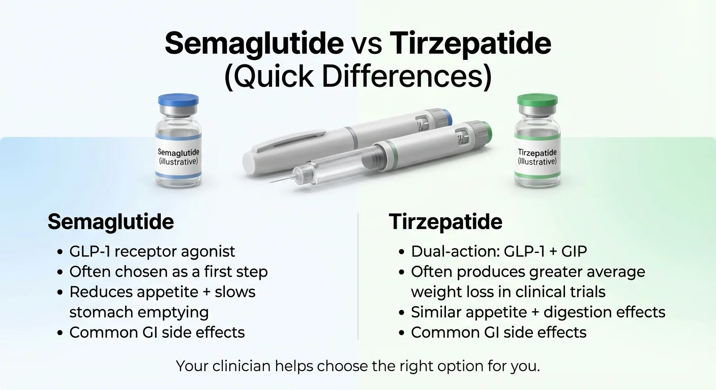 Semaglutide vs tirzepatide quick comparison showing key differences between the two GLP-1 medications