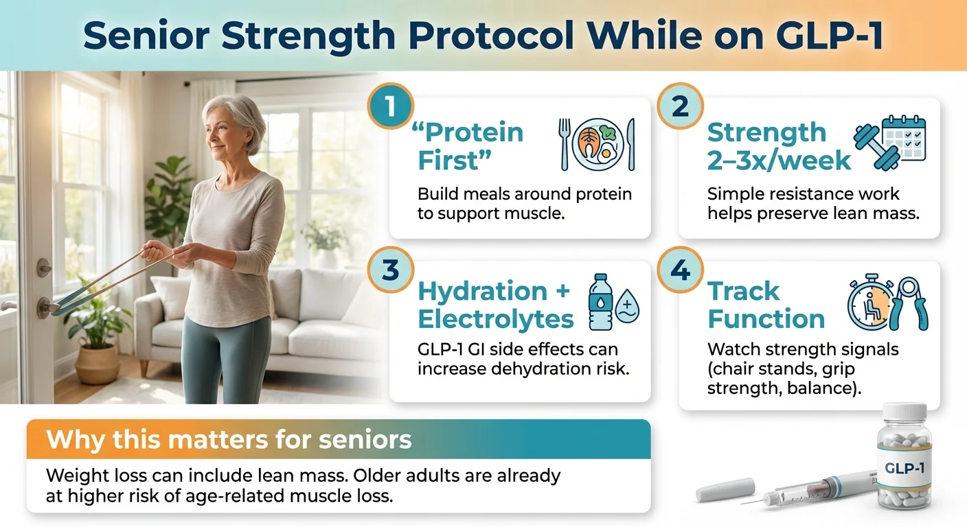Senior muscle preservation protocol for GLP-1 weight loss including protein and exercise guidelines