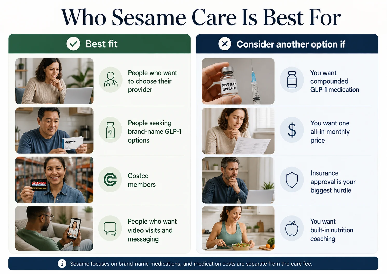 Who Sesame Care GLP-1 is best for vs. who should consider another option — visual comparison of best-fit and not-best-fit personas