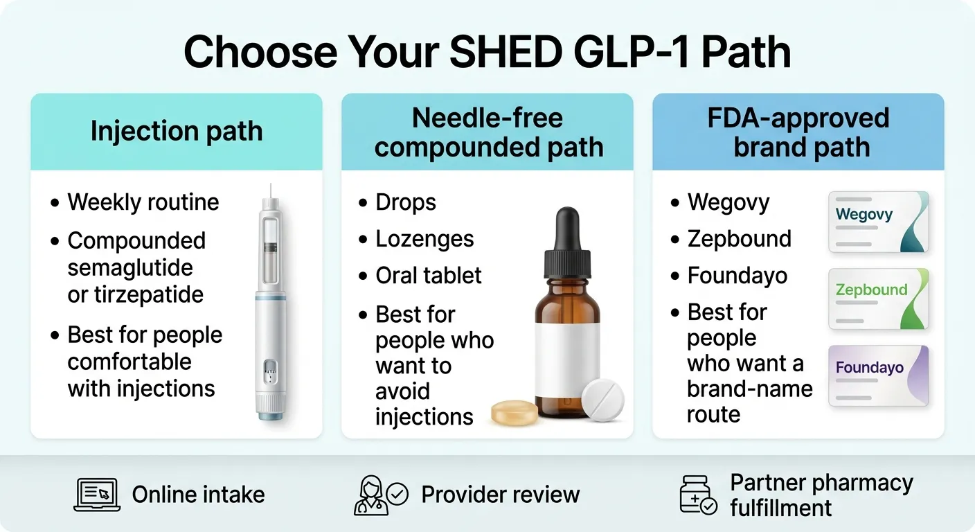 SHED GLP-1 path comparison infographic showing three options: injection path (compounded semaglutide or tirzepatide), needle-free compounded path (drops, lozenges, oral tablet), and FDA-approved brand path (Wegovy, Zepbound, Foundayo)