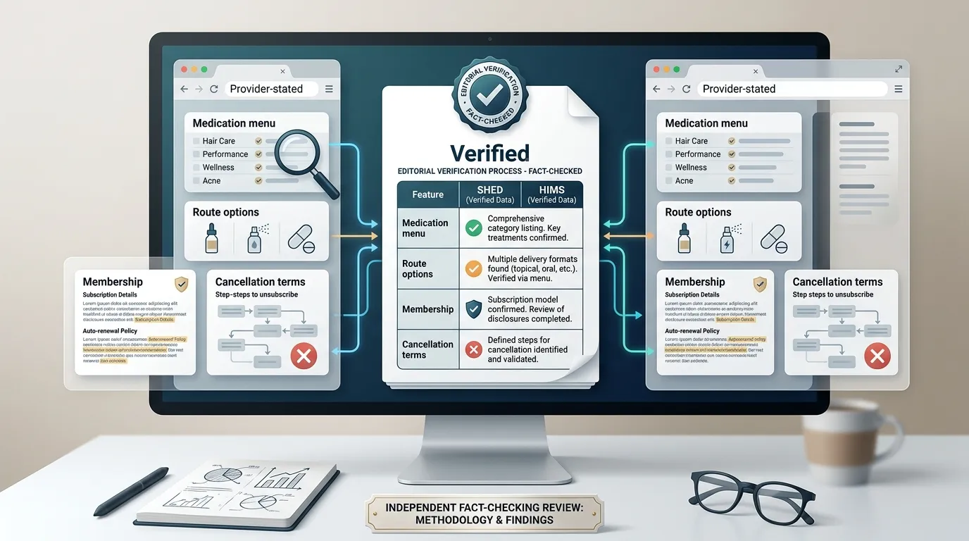 Editorial team verification methodology for SHED vs Hims GLP-1 comparison: direct screenshot verification of product pages, pricing tables, and terms pages on April 21, 2026