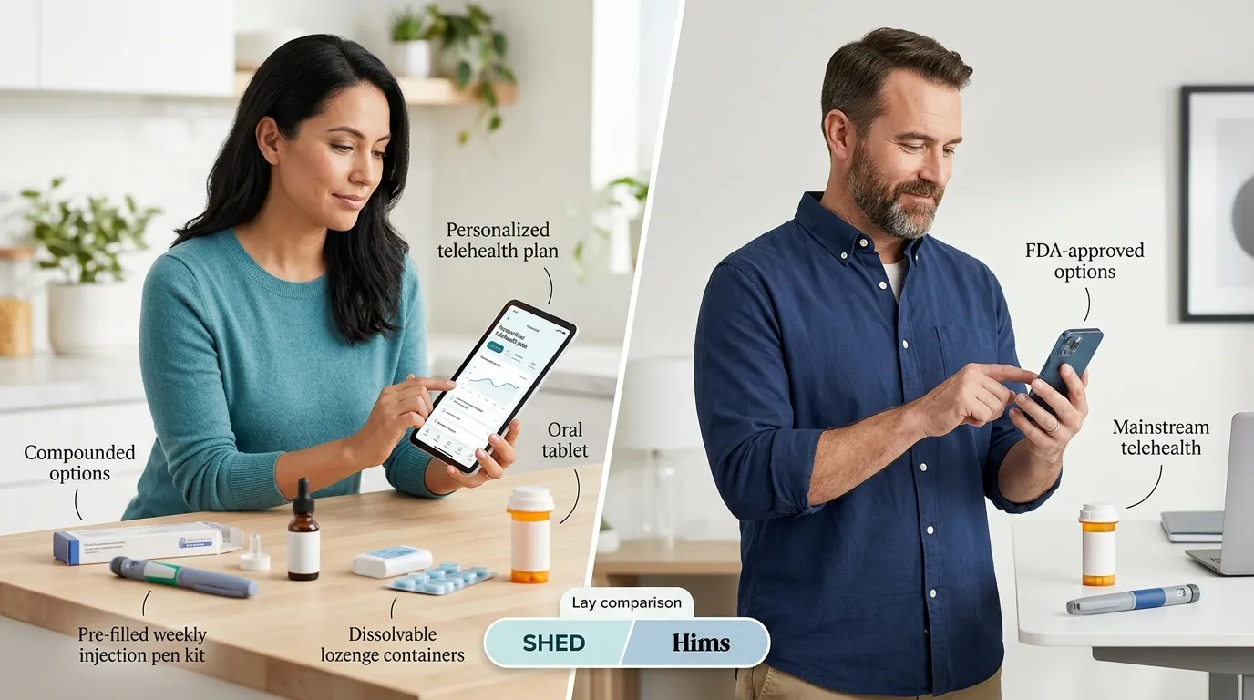 Woman reviewing GLP-1 telehealth options comparing SHED compounded formats versus Hims FDA-approved Wegovy and Ozempic options on a tablet
