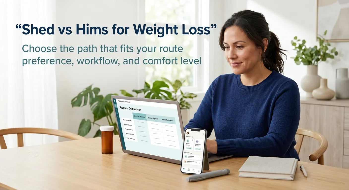 Woman comparing GLP-1 telehealth programs on laptop and phone, evaluating Shed vs Hims weight loss options including route preference, cost, and cancellation policies