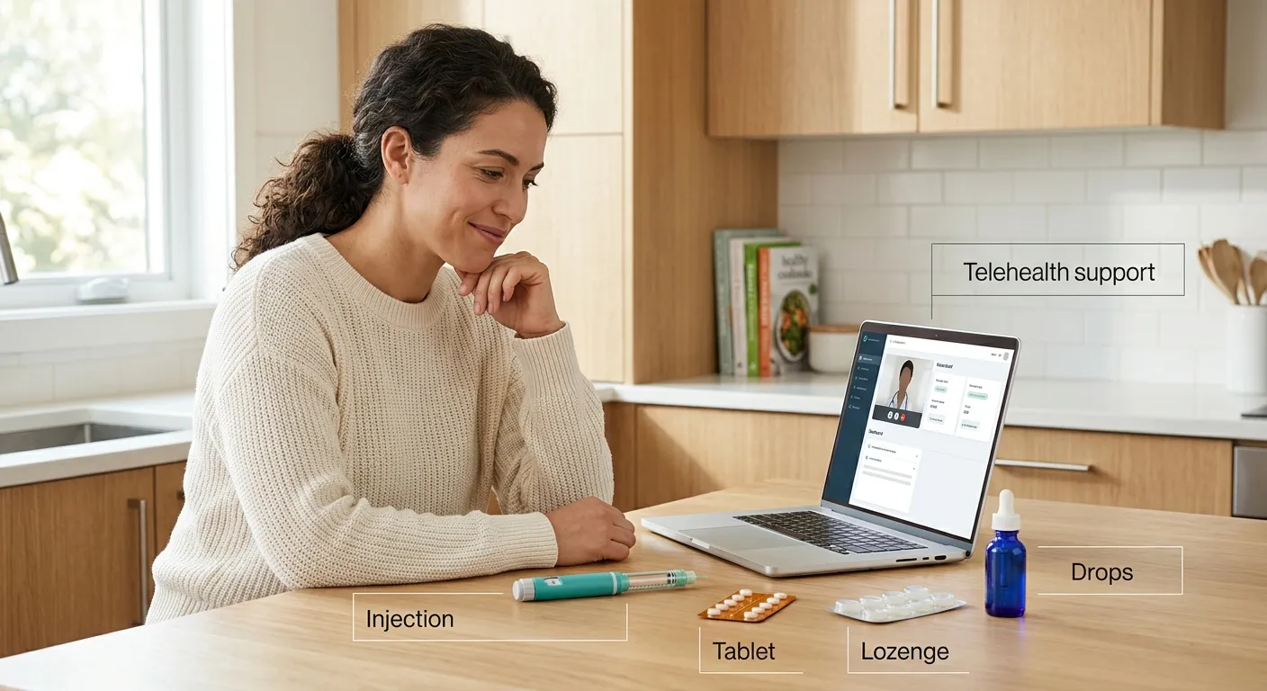 Woman using GLP-1 telehealth program on laptop with injection pen, tablet, lozenge, and liquid drops on the table — illustrating the full format menu available through SHED GLP-1