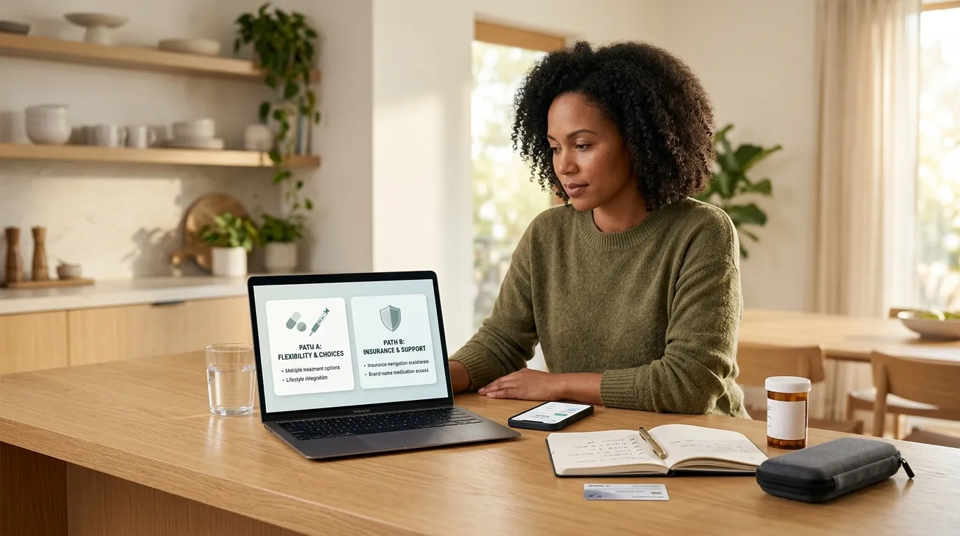 Woman comparing GLP-1 telehealth programs on laptop, reviewing Path A: Flexibility and Choices vs Path B: Insurance and Support — illustrating the core decision between SHED and Ro for GLP-1 weight loss