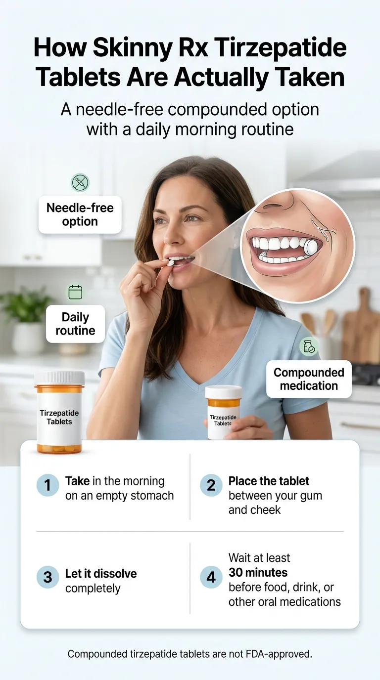 How Skinny Rx tirzepatide tablets are actually taken: 4-step buccal dissolve routine — morning empty stomach, gum and cheek placement, dissolve completely, wait 30 minutes before food or drink