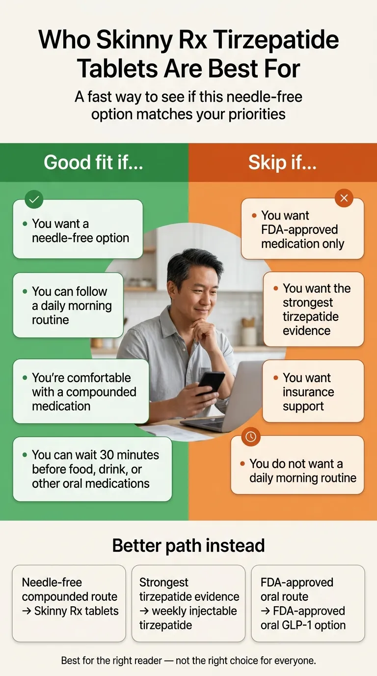 Who Skinny Rx tirzepatide tablets are best for: good fit vs skip guide — needle-free daily routine vs FDA-approved injection preference infographic