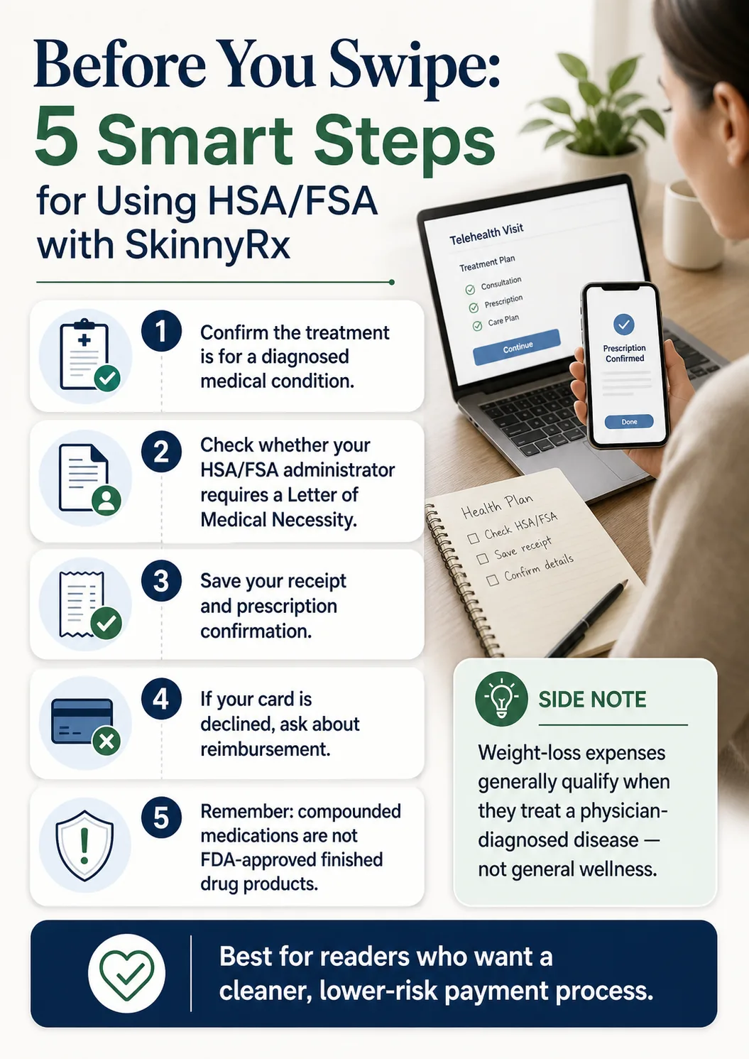 Before You Swipe: 5 Smart Steps for Using HSA/FSA with SkinnyRx. Step 1: Confirm the treatment is for a diagnosed medical condition. Step 2: Check whether your HSA/FSA administrator requires a Letter of Medical Necessity. Step 3: Save your receipt and prescription confirmation. Step 4: If your card is declined, ask about reimbursement. Step 5: Remember — compounded medications are not FDA-approved finished drug products. Side note: Weight-loss expenses generally qualify when they treat a physician-diagnosed disease, not general wellness. Best for readers who want a cleaner, lower-risk payment process.