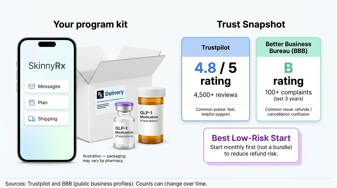 SkinnyRx trust verification snapshot showing Trustpilot 4.8/5 rating from 4,500+ reviews, BBB B rating, and LegitScript certification status