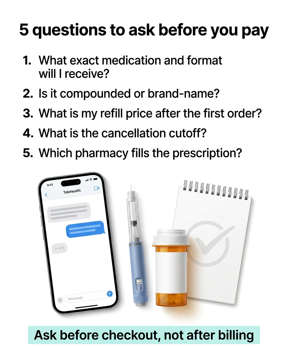 5 questions to ask before you pay for GLP-1 medication including medication format, compounded vs brand-name, refill price, cancellation cutoff, and pharmacy