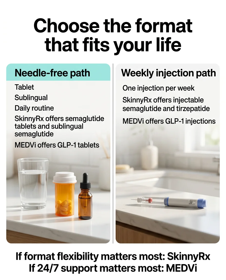 Choose the format that fits your life — needle-free path with tablets and sublingual drops vs weekly injection path comparison for SkinnyRx and MEDVi