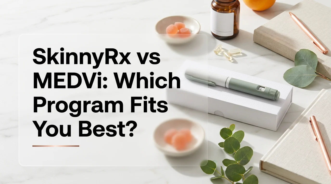 SkinnyRx vs MEDVi GLP-1 weight loss program comparison showing injection pen and medication bottles on marble counter