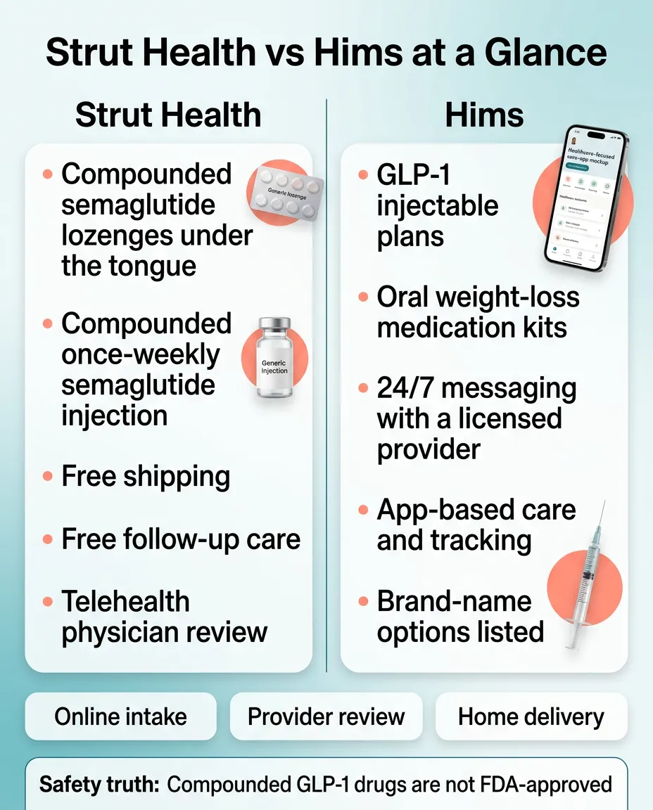 Strut Health vs Hims at a Glance infographic comparing key features of each GLP-1 weight loss platform