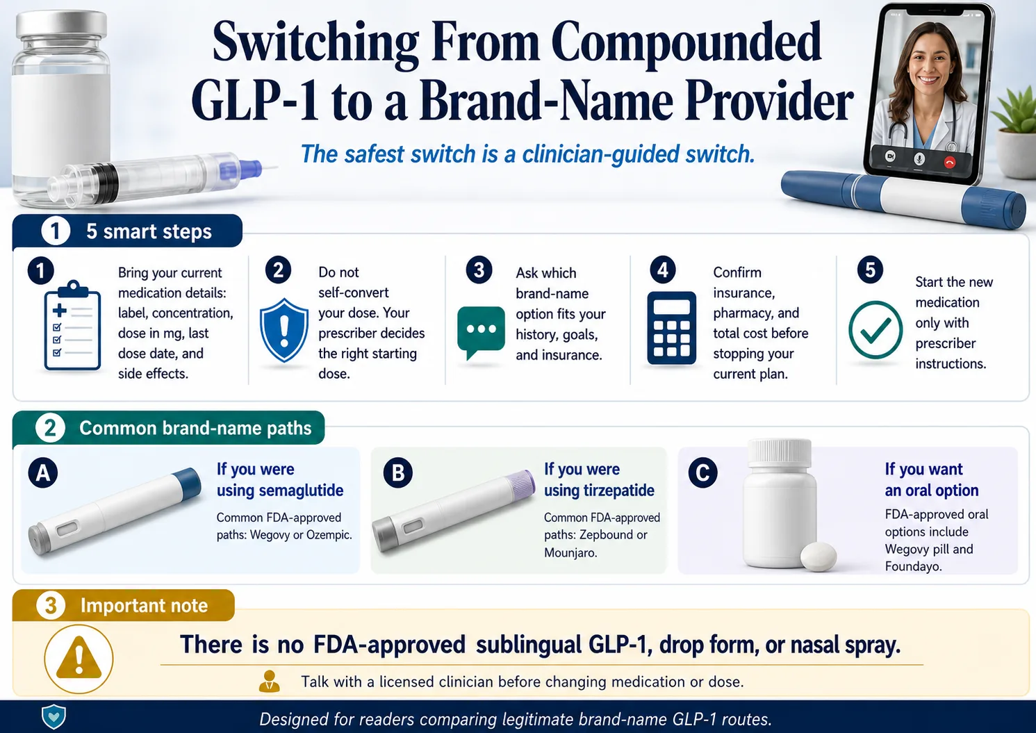 Switching from Compounded GLP-1 to a Brand-Name Provider — 5 smart steps: (1) Bring your current medication details including label, concentration, dose in mg, last dose date, and side effects. (2) Do not self-convert your dose — your prescriber decides the right starting dose. (3) Ask which brand-name option fits your history, goals, and insurance. (4) Confirm insurance, pharmacy, and total cost before stopping your current plan. (5) Start the new medication only with prescriber instructions. Common brand-name paths: if you were using semaglutide, paths include Wegovy or Ozempic; tirzepatide paths include Zepbound or Mounjaro; oral options include Wegovy pill and Foundayo. Important note: There is no FDA-approved sublingual GLP-1, drop form, or nasal spray.