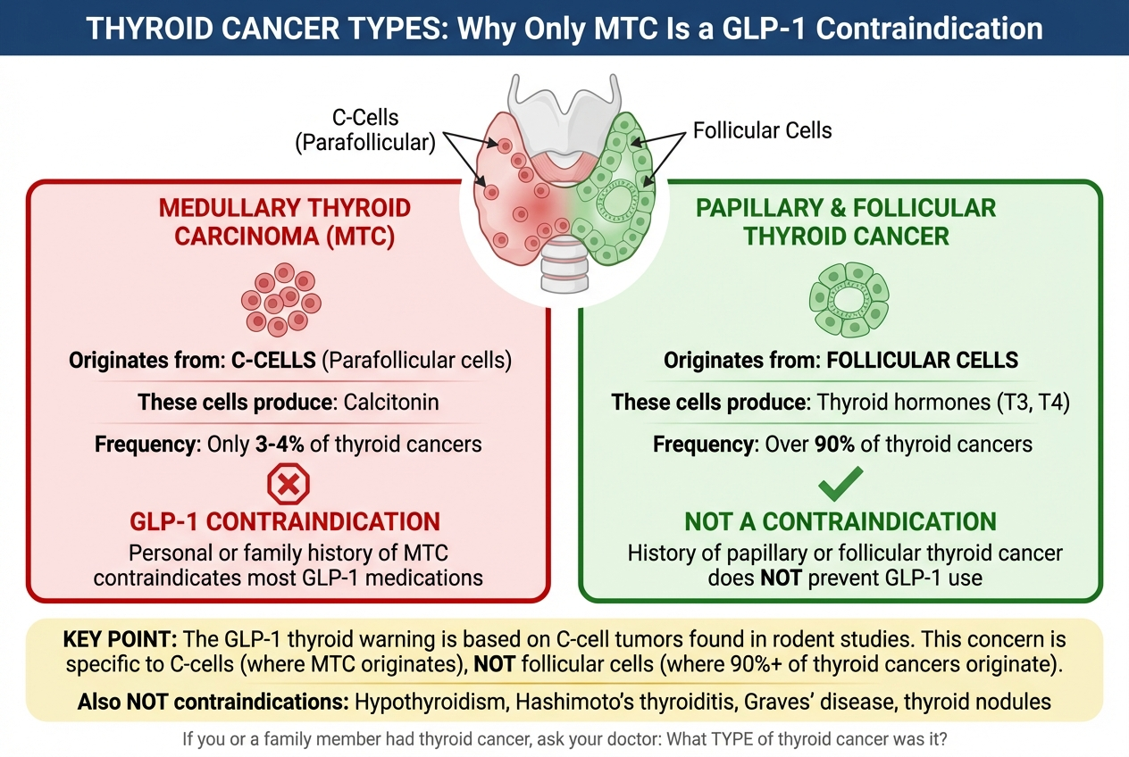 Thyroid Cancer Types: Why Only MTC Is a GLP-1 Contraindication - infographic showing difference between medullary thyroid carcinoma (C-cells, 3-4% of thyroid cancers, IS a contraindication) versus papillary and follicular thyroid cancer (follicular cells, 90%+ of thyroid cancers, NOT a contraindication)