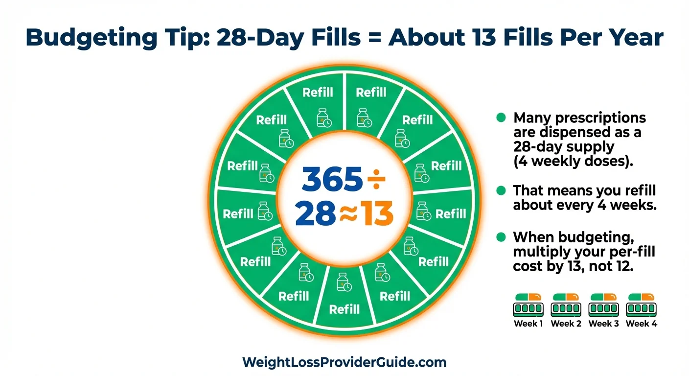 Tirzepatide 28-day fill budgeting tip — 13 fills per year, not 12