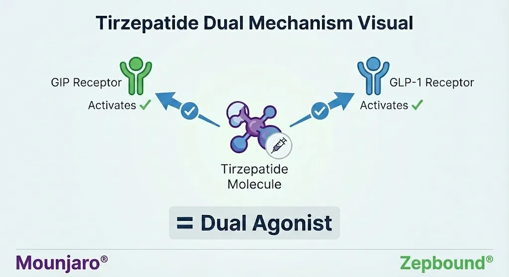 How tirzepatide works as a dual GIP and GLP-1 receptor agonist in Mounjaro and Zepbound
