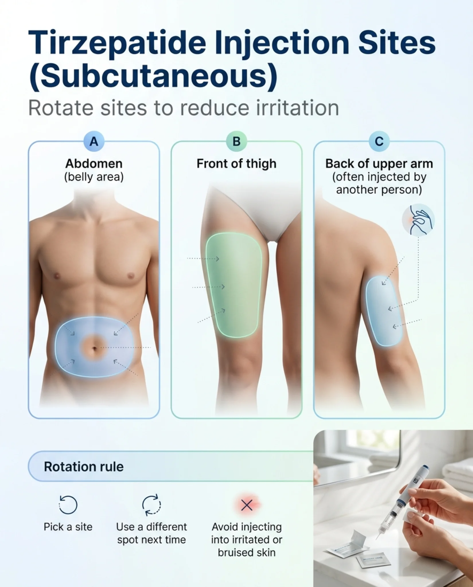 Tirzepatide subcutaneous injection sites diagram showing abdomen, thigh, and upper arm locations