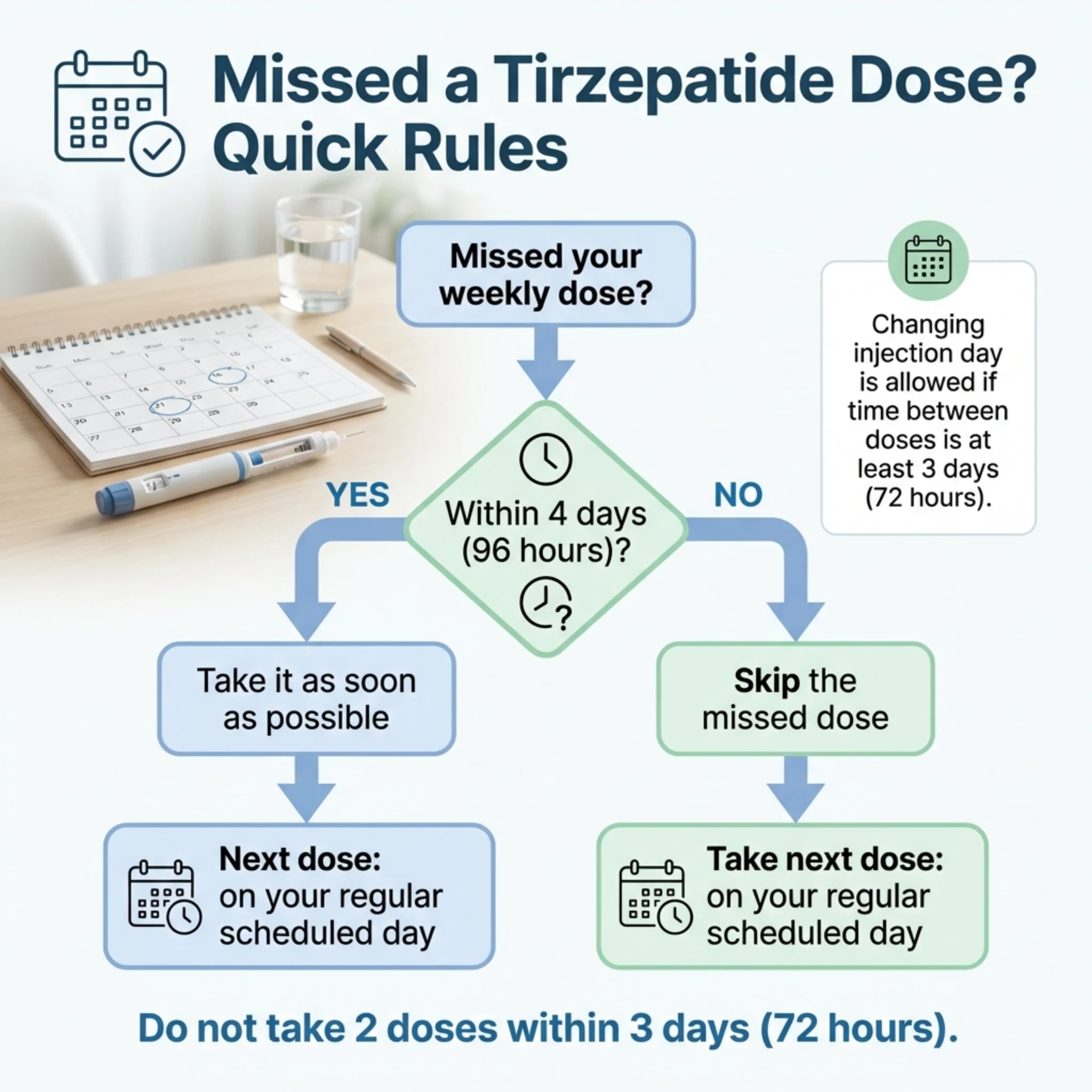 Tirzepatide missed dose decision flowchart showing the 96-hour rule for when to take or skip a missed dose