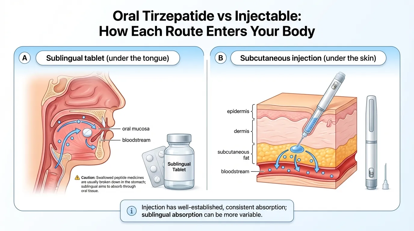 How tirzepatide enters your body — sublingual tablet absorption through oral mucosa vs subcutaneous injection absorption through skin layers