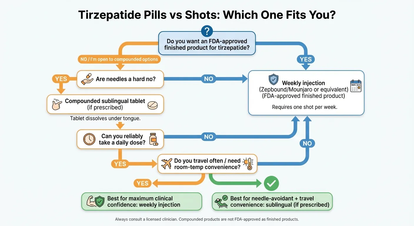 Tirzepatide pills vs shots decision flowchart — choose between compounded sublingual tablets and FDA-approved weekly injections based on your priorities