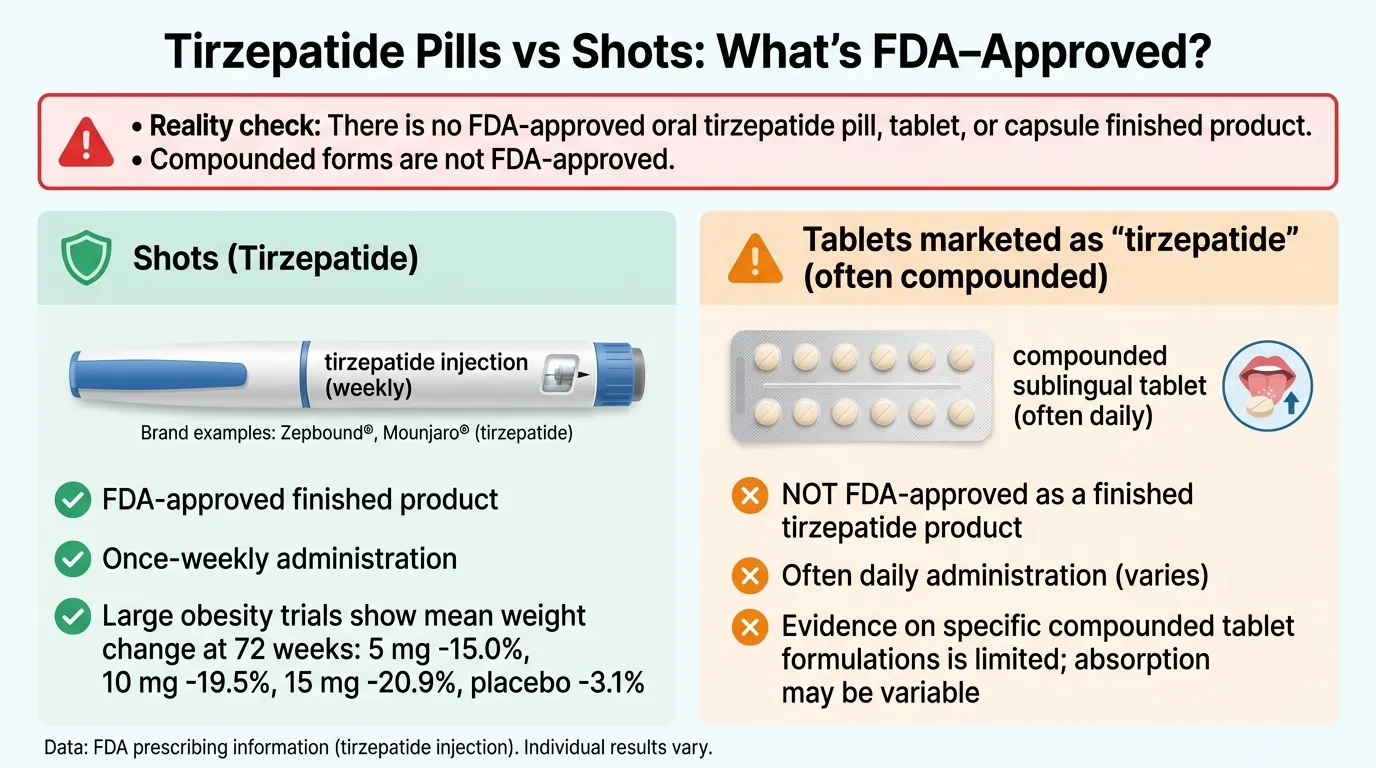 Infographic comparing tirzepatide pills vs shots — FDA-approved Zepbound and Mounjaro injections vs non-FDA-approved compounded sublingual tablets with clinical data