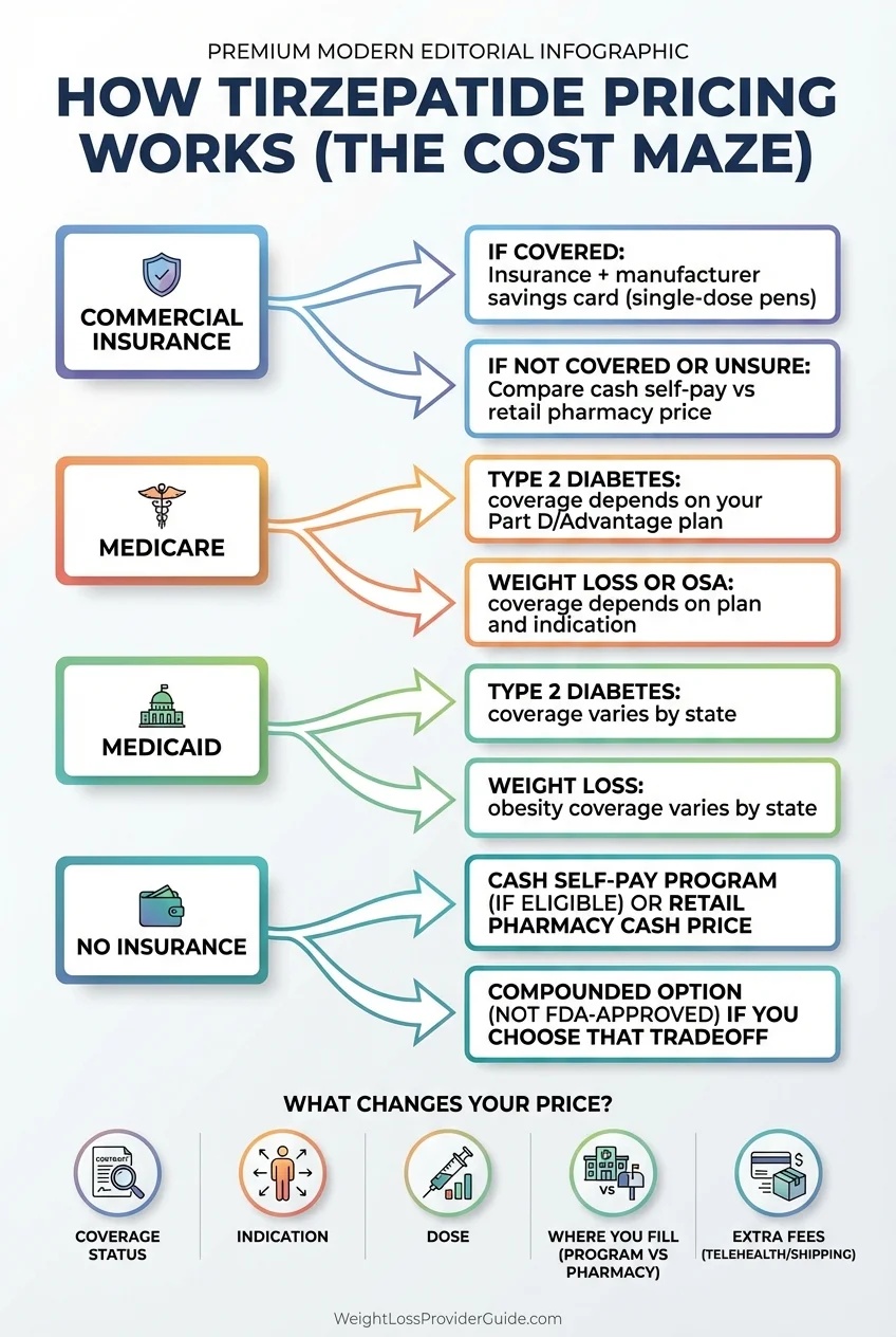 Infographic showing the tirzepatide pricing maze — how insurance, brand, and dose affect your cost