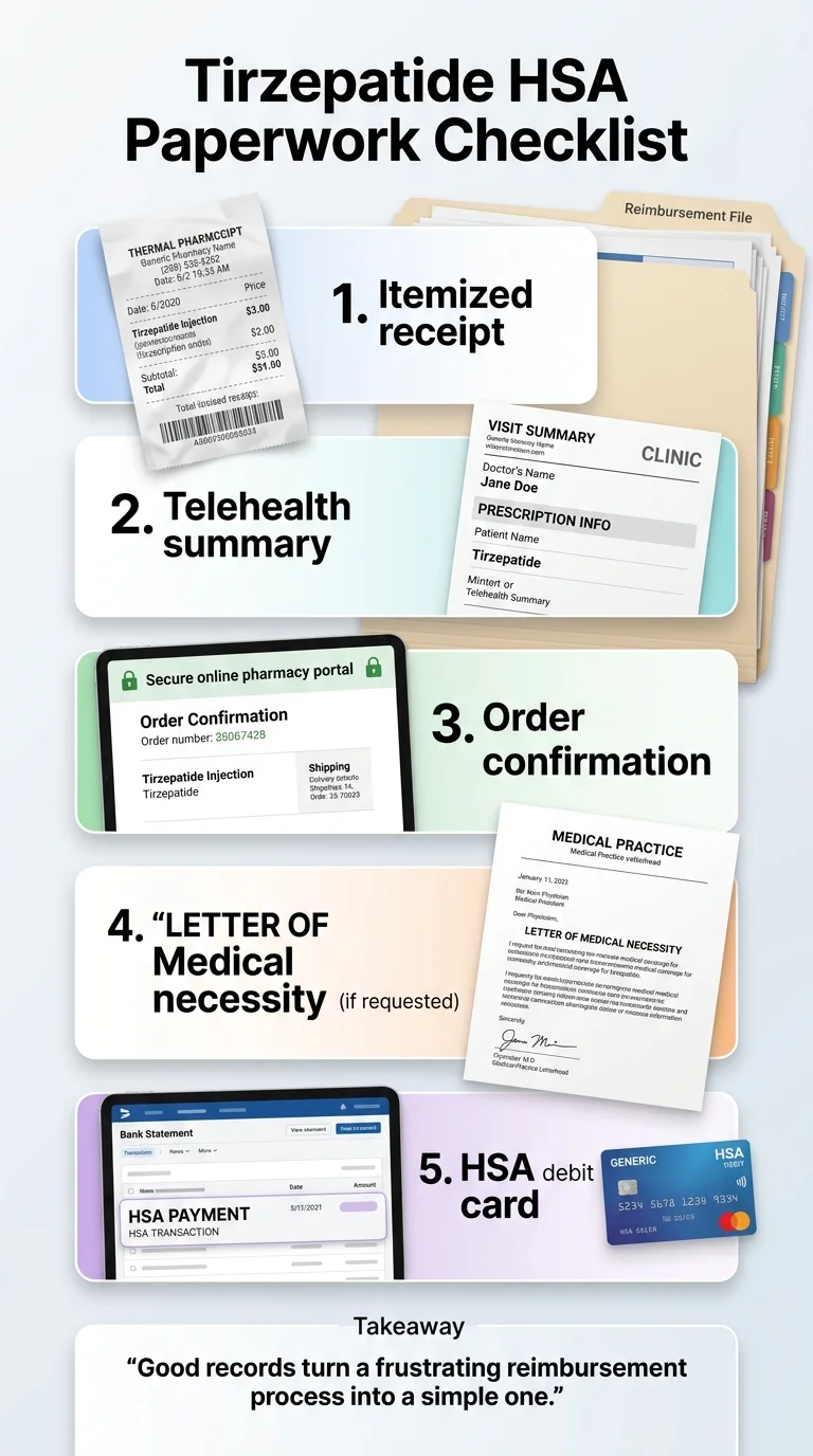 Tirzepatide HSA Paperwork Checklist with Reimbursement File folder. 1. Itemized receipt — thermal pharmacy receipt showing tirzepatide injection, date, price, and subtotal. 2. Telehealth summary — clinic visit summary with Doctor's Name, Patient Name, Tirzepatide, with Mintent or Telehealth Summary. 3. Order confirmation — secure online pharmacy portal showing order number, tirzepatide injection, shipping details. 4. Letter of Medical Necessity (if requested) — medical practice letterhead signed letter from licensed physician explaining why tirzepatide is medically necessary. 5. HSA debit card — bank statement showing HSA payment transaction and generic HSA debit card. Takeaway: Good records turn a frustrating reimbursement process into a simple one.