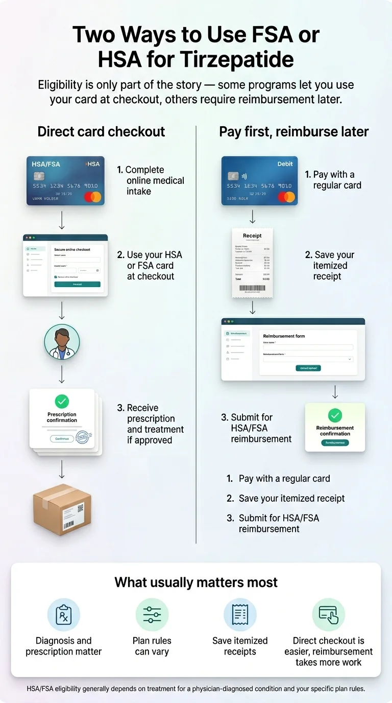 Two ways to use FSA or HSA for tirzepatide: Left side shows Direct Card Checkout — complete online medical intake, use HSA/FSA card at checkout, receive prescription and treatment if approved. Right side shows Pay First Reimburse Later — pay with a regular card, save your itemized receipt, submit for HSA/FSA reimbursement. Bottom section highlights what usually matters most: diagnosis and prescription matter, plan rules can vary, save itemized receipts, direct checkout is easier while reimbursement takes more work.