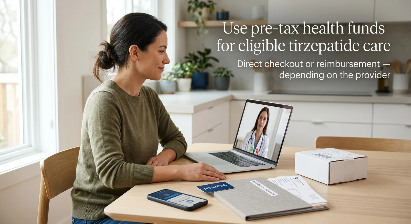 Woman at kitchen table using laptop for a telehealth video visit with a doctor, with an HSA/FSA card and a medication delivery package visible nearby — illustrating how to use pre-tax health funds for eligible tirzepatide care, with direct checkout or reimbursement depending on the provider