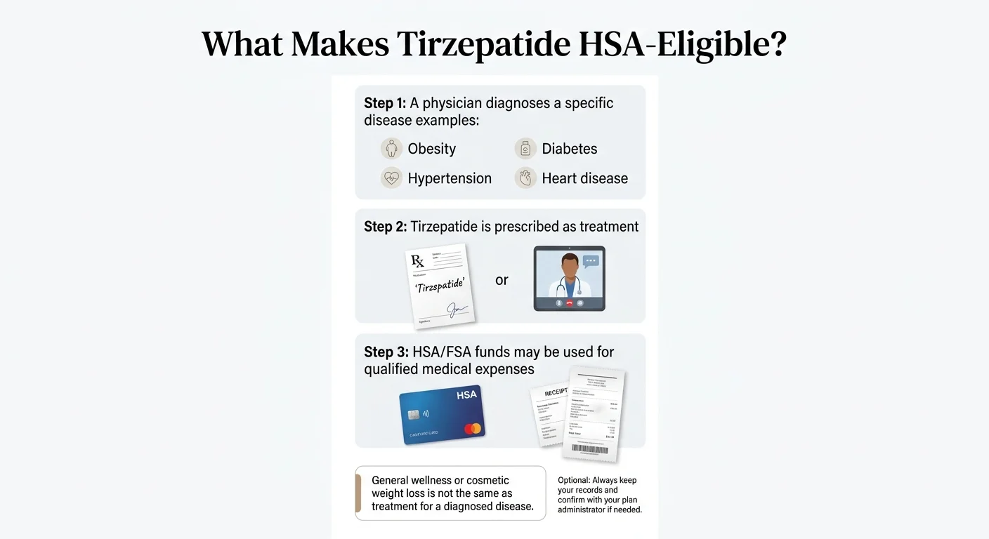 What Makes Tirzepatide HSA-Eligible? Step 1: A physician diagnoses a specific disease — examples: Obesity, Diabetes, Hypertension, Heart disease. Step 2: Tirzepatide is prescribed as treatment (prescription pad or telehealth visit). Step 3: HSA/FSA funds may be used for qualified medical expenses (HSA card and receipt). Important: General wellness or cosmetic weight loss is not the same as treatment for a diagnosed disease. Optional: Always keep your records and confirm with your plan administrator if needed.