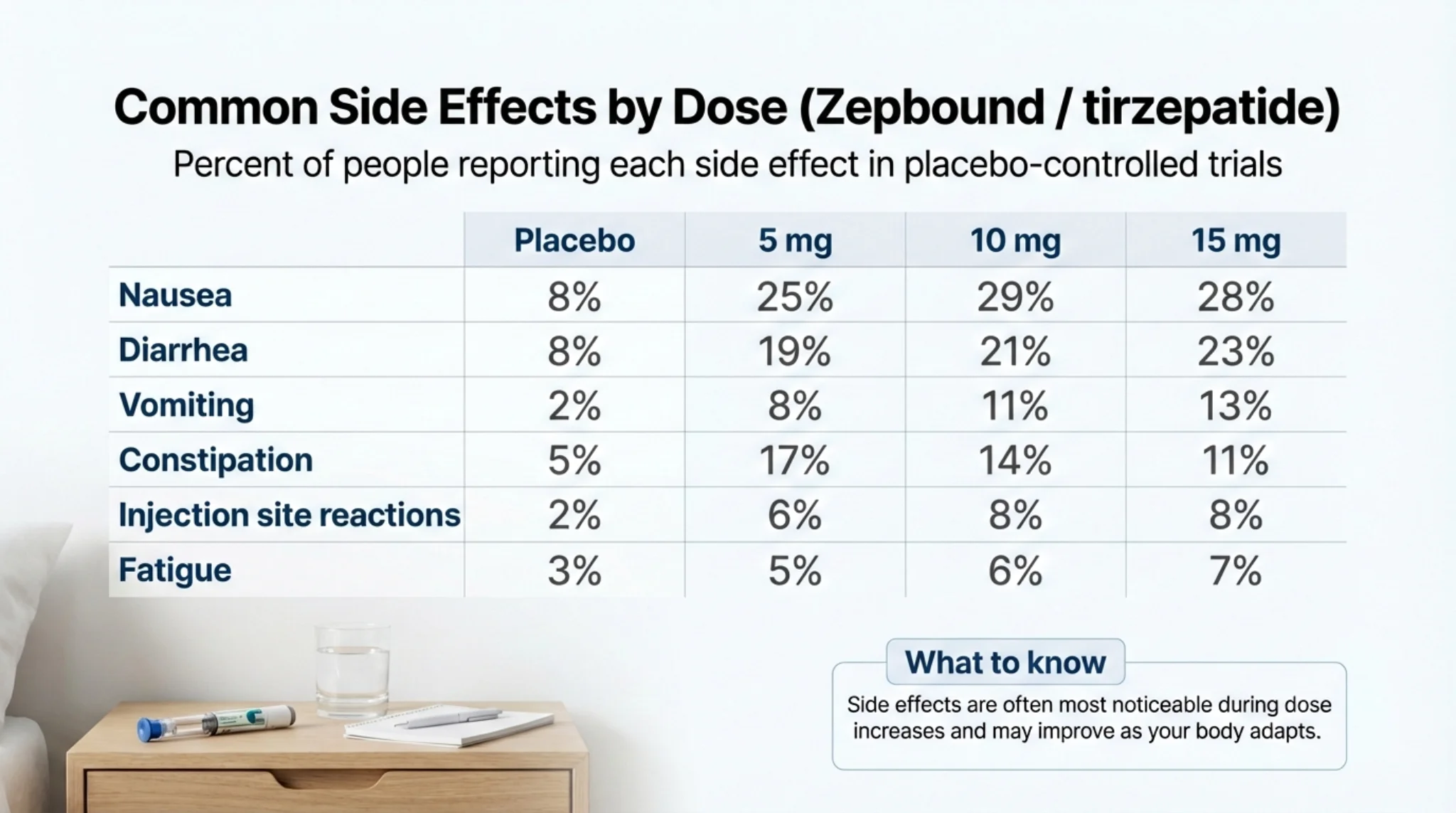 Tirzepatide side effects by dose level chart showing nausea, diarrhea, vomiting, and constipation rates at 5 mg, 10 mg, and 15 mg