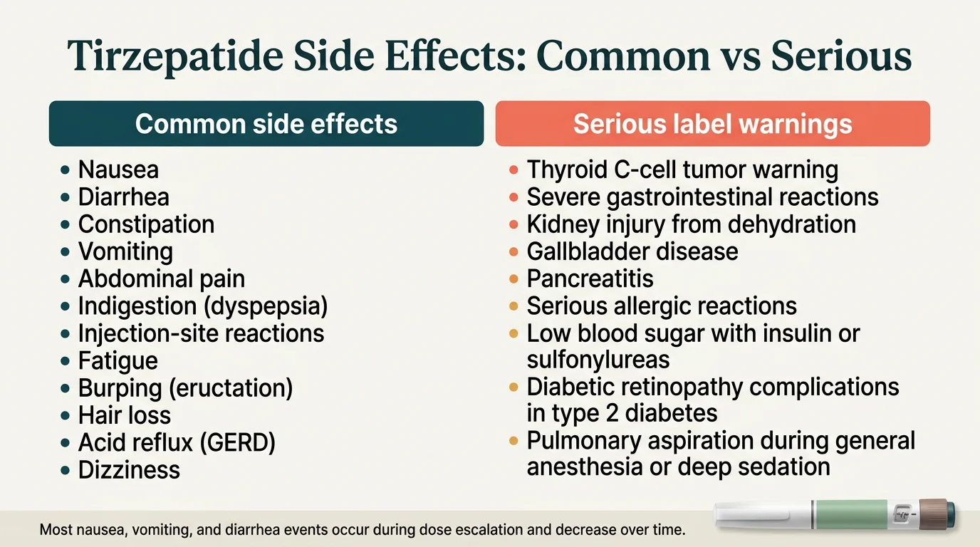 Tirzepatide side effects infographic comparing common side effects like nausea, diarrhea, and constipation versus serious label warnings including thyroid C-cell tumors, pancreatitis, and gallbladder disease
