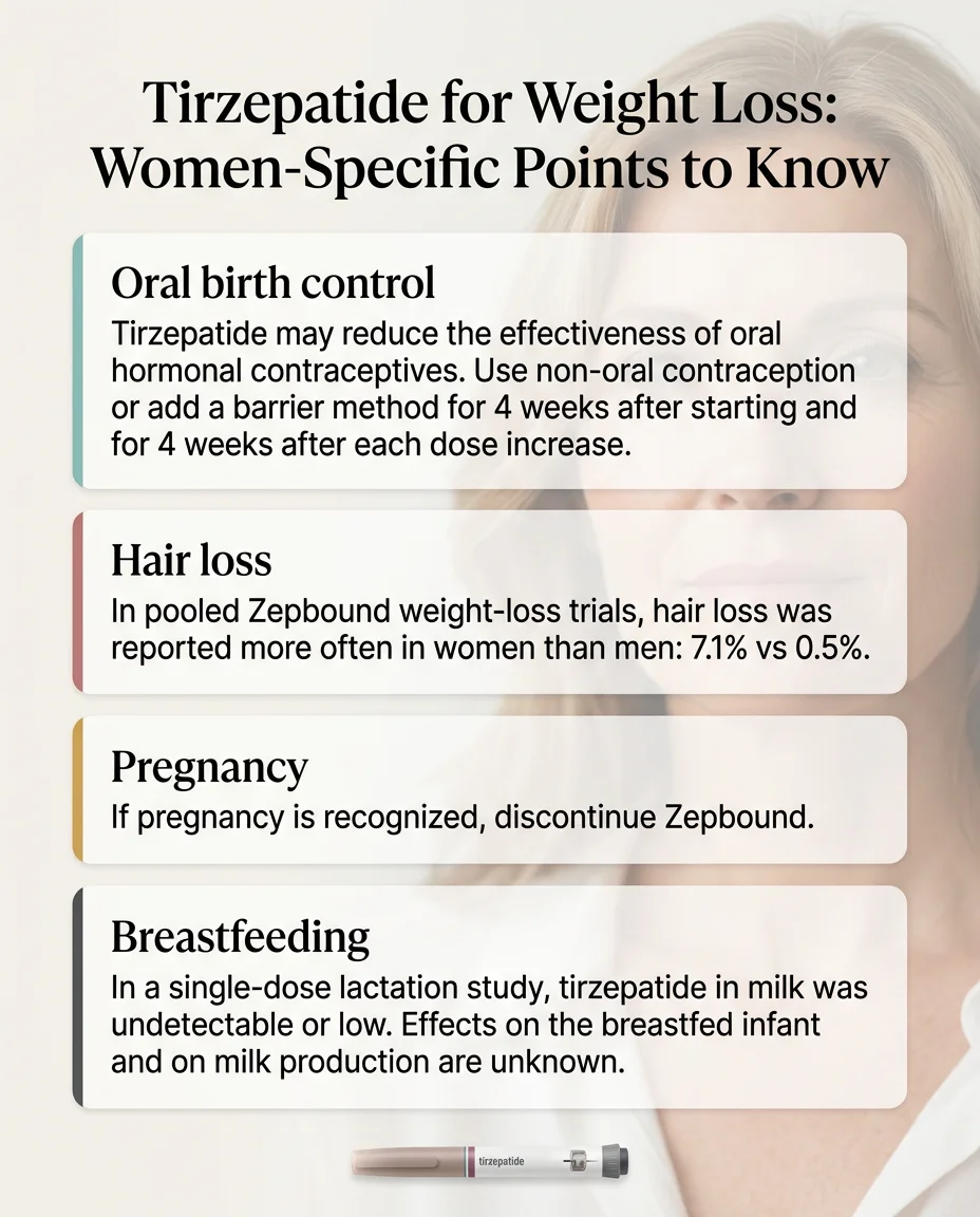 Tirzepatide for weight loss women-specific considerations including oral birth control interaction, hair loss rates of 7.1% in women vs 0.5% in men, pregnancy discontinuation guidelines, and breastfeeding information